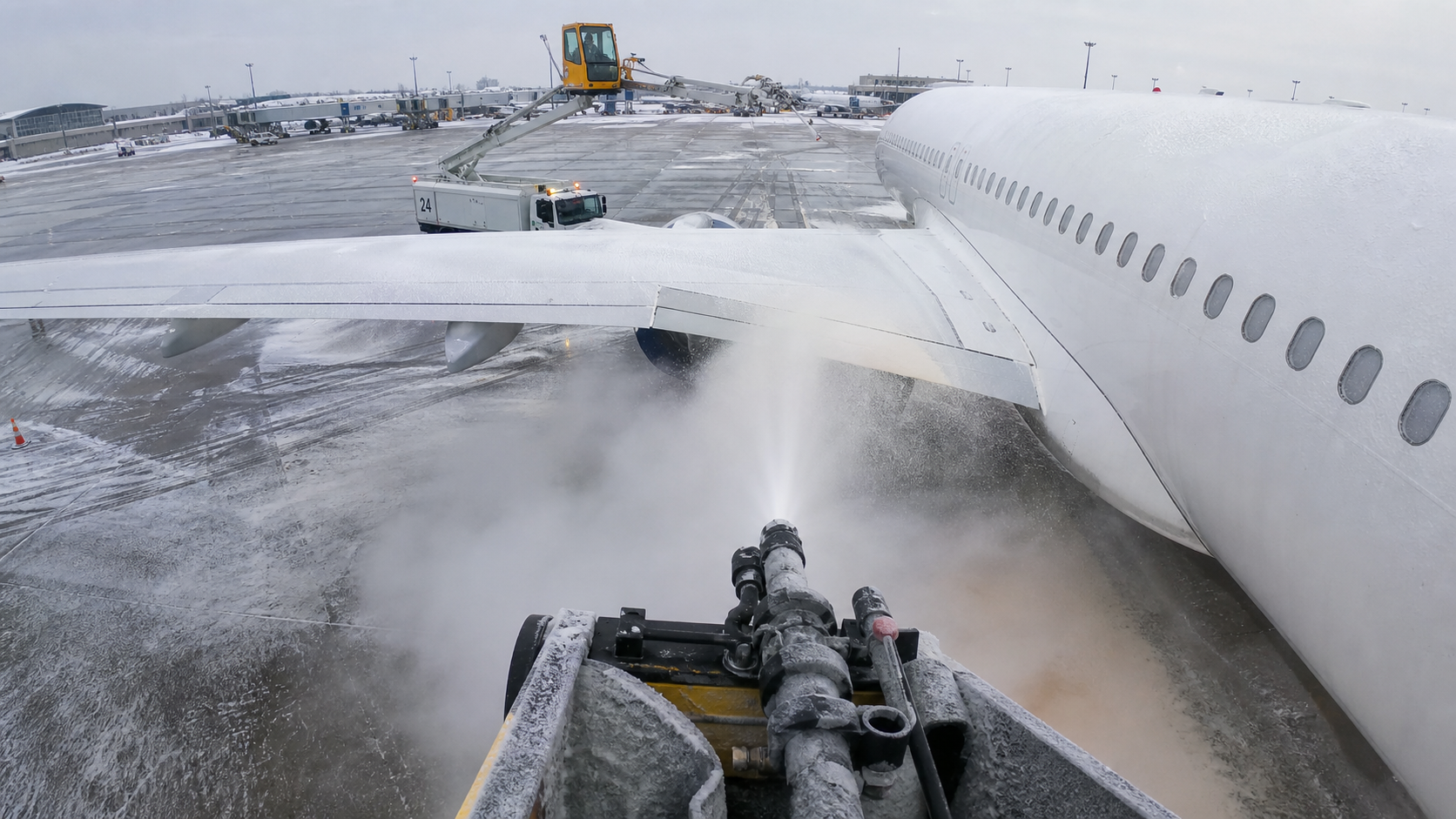 Nozzle POV camera spraying deicing fluid over aircraft wing